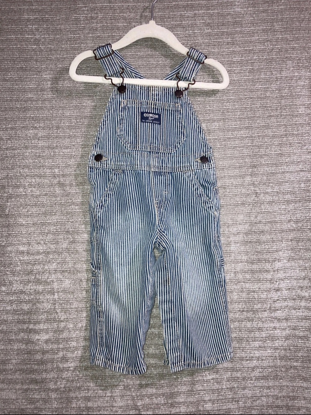 Vintage Oshkosh B'Gosh Vestbak Overalls Hickory Stripe Denim Baby Snap Leg 9 mon